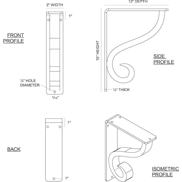 Ashford Triple, Wrought Iron Bracket, (Triple Center Brace), Antiqued Brass 2W  X 12D X 15H